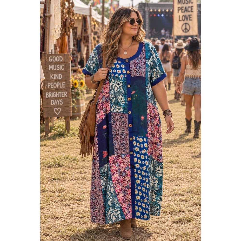 La Cera Patchwork Midi Dress xL Multicolor Art to Wear Novelty Button Rayon